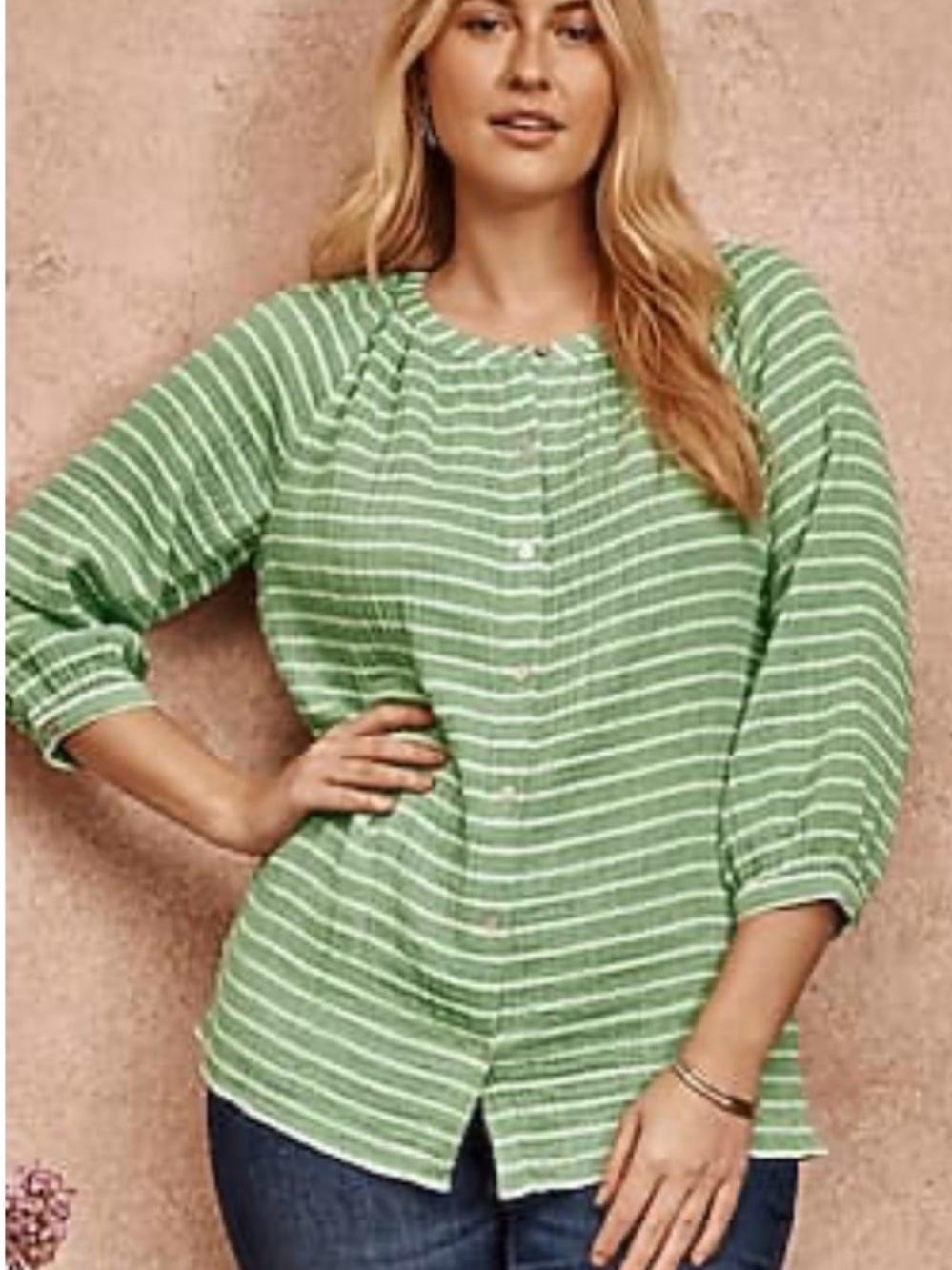 J. Jill Cotton Gauze Green Striped Button-Front Blouse